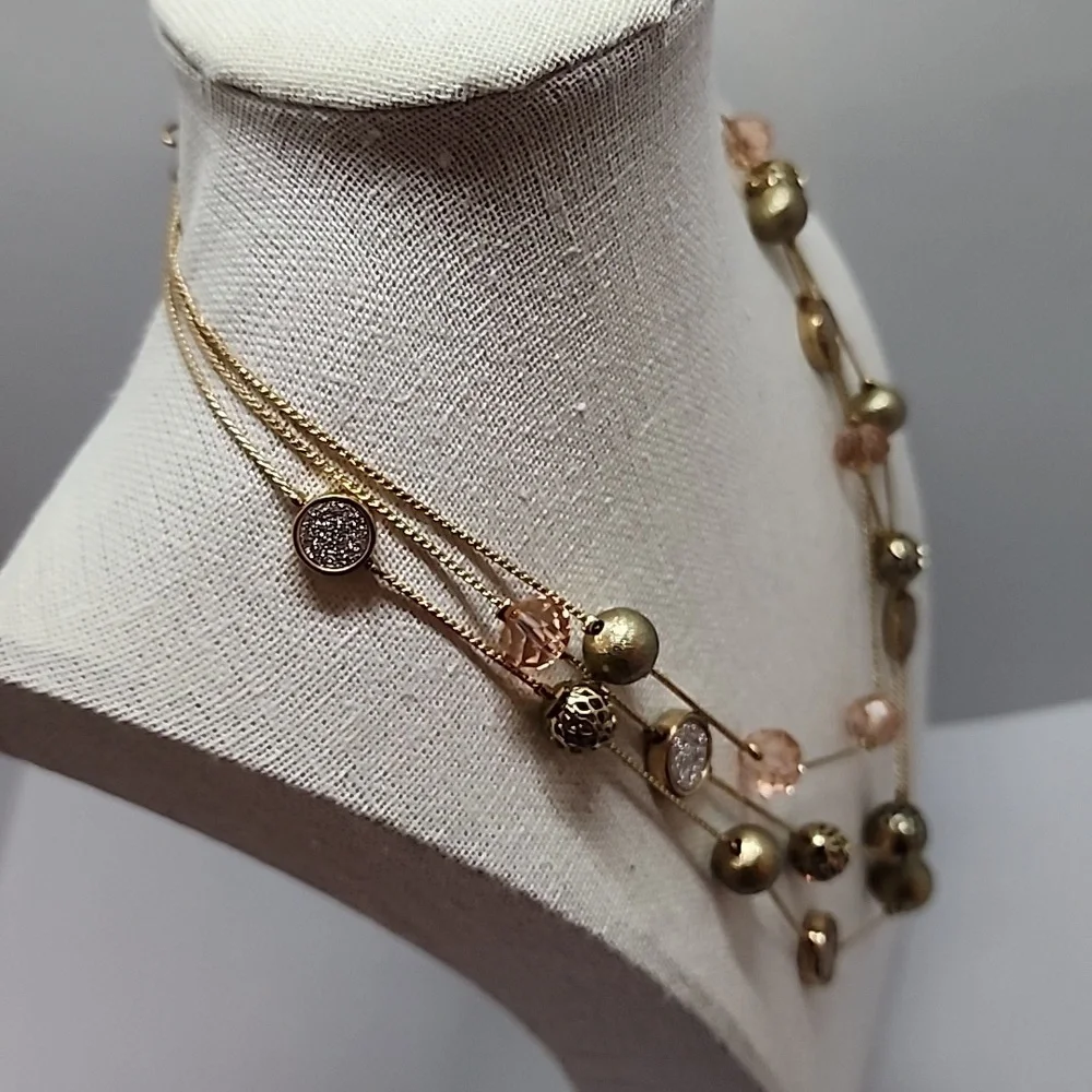 Three Strand Station Bead Ball Crystal Faux Pave Necklace - Picture 2 of 8